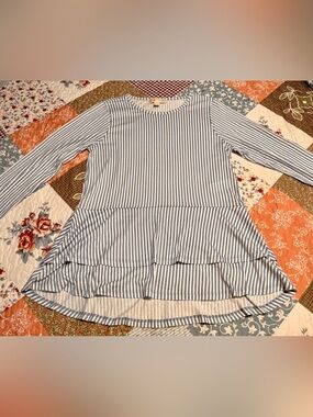 Michael Kors Blue White Striped Ruffle Hem Top Medium Peplum Long Sleeve